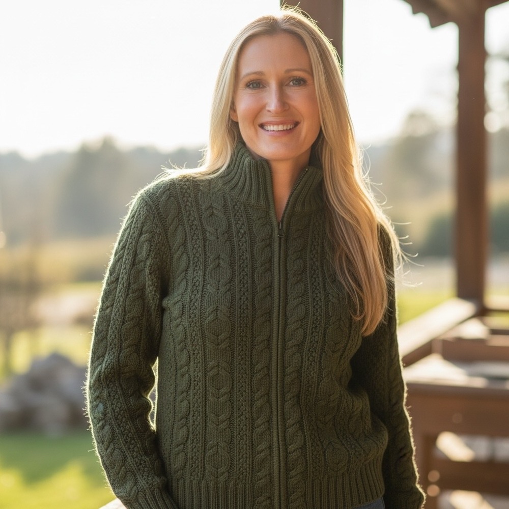 Aran Crafts Ireland Merino Wool Cable Knit Zip Cardigan Sweater Green Medium